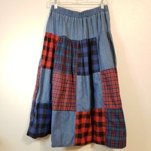 Plaid Denim Patchwork Midi Skirt Size 12, Cottagecore, Prairie | Susan Bristol